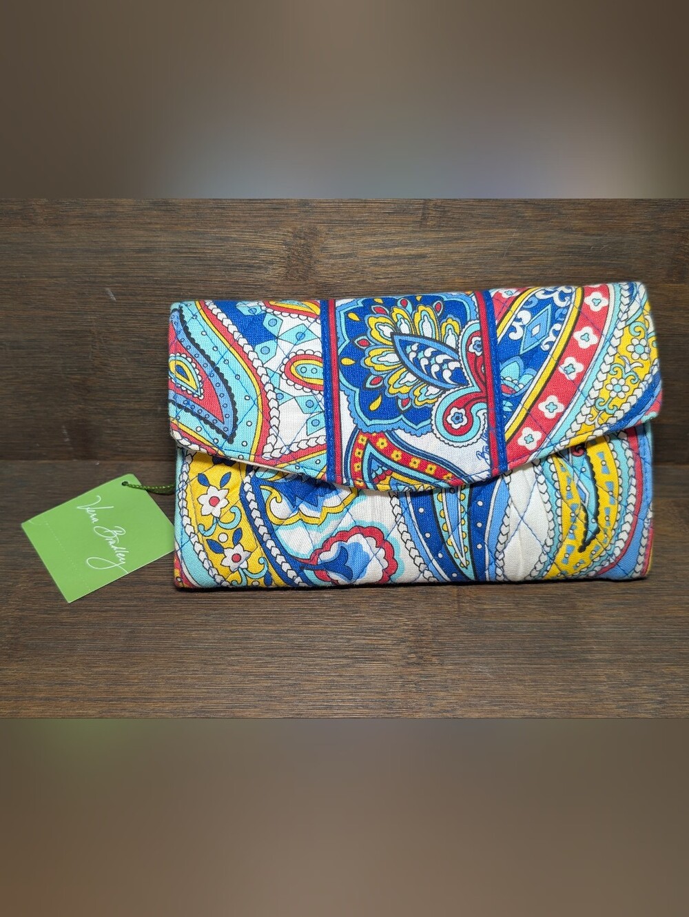 Vera Bradley Blue Red Yellow Teal Paisley Quilted Fold-Over Clutch Strap Wallet